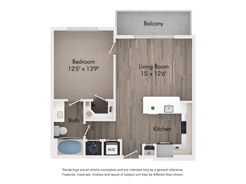 Floor plan for 1 bed, 1 bath, 667 sqft